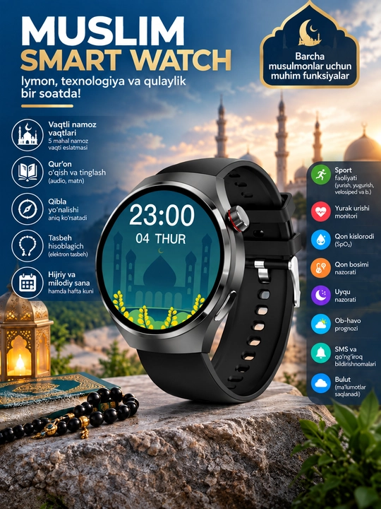 Смарт часы Muslim Watch — часы для мусульман: 5 намазов, Коран, мужской стиль - 