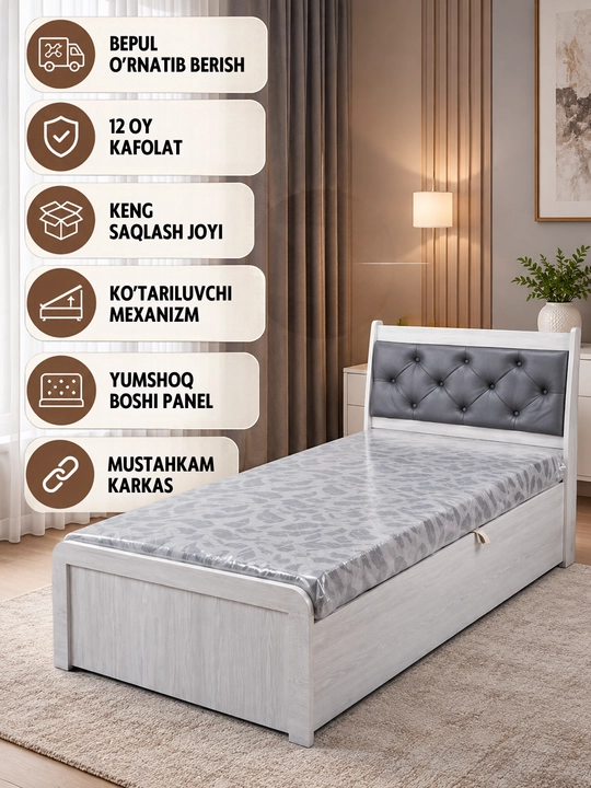 Karavot 1 kishilik sandiqli ko‘tariluvchi yumshoq boshli, 90x200 sm - 