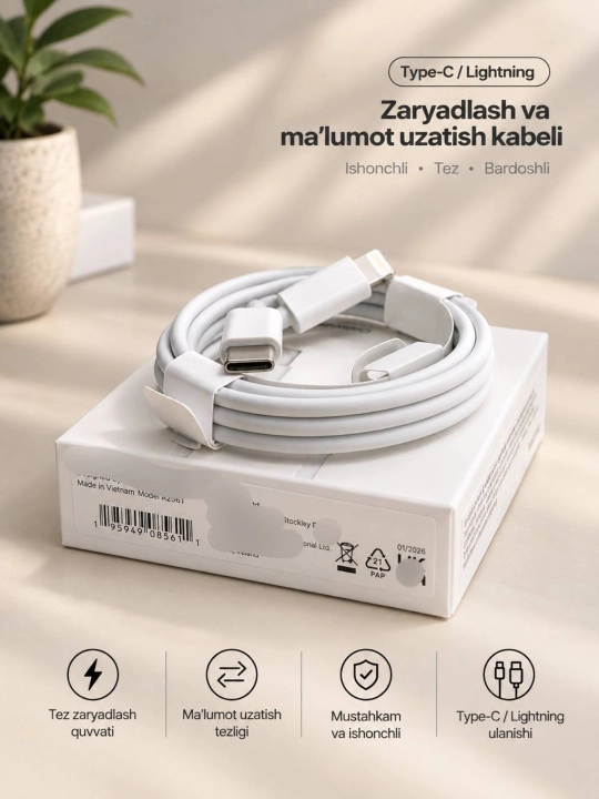 Tezkor quvvatlash uchun iPhone Lightning USB-C Type-C kabeli - 