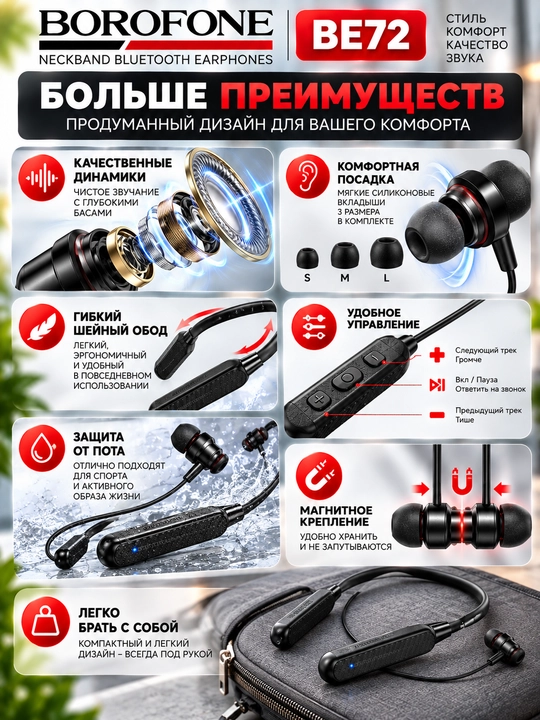 12D Borofone BE68 BE64 BE70 BE72 simsiz Bluetooth quloqchin, kuchli bass, bo‘yin gardishli