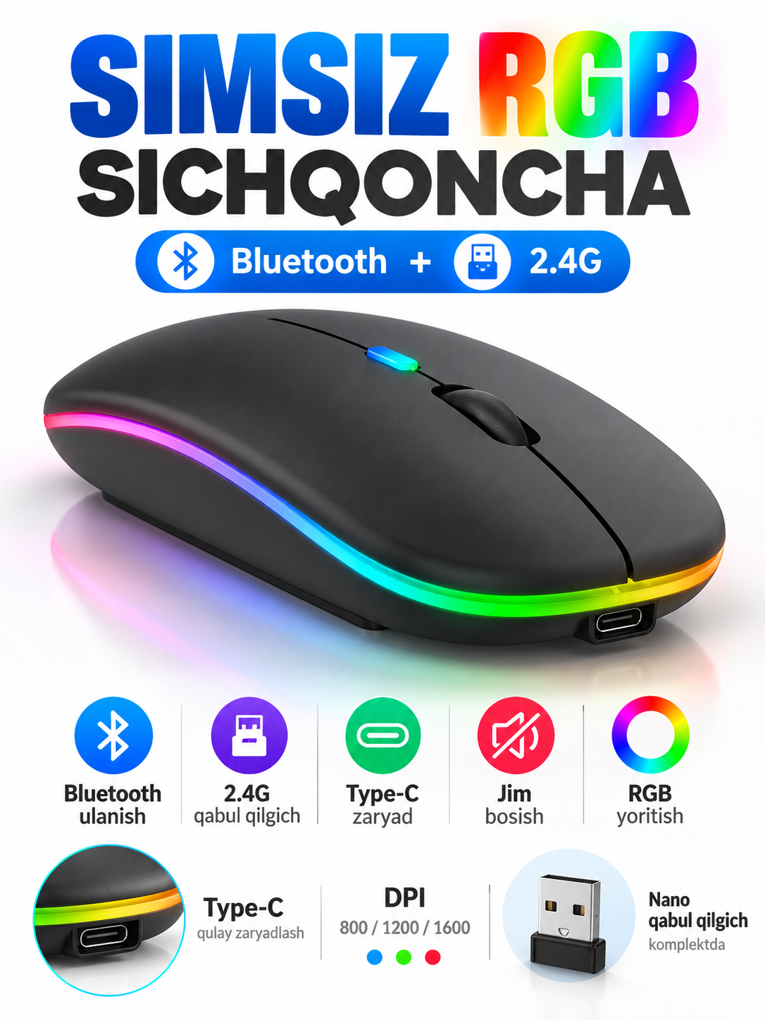 Simsiz sichqoncha Bluetooth 5.0/2.4G, RGB, 1600 DPI, Type-C quvvatlanadigan - 