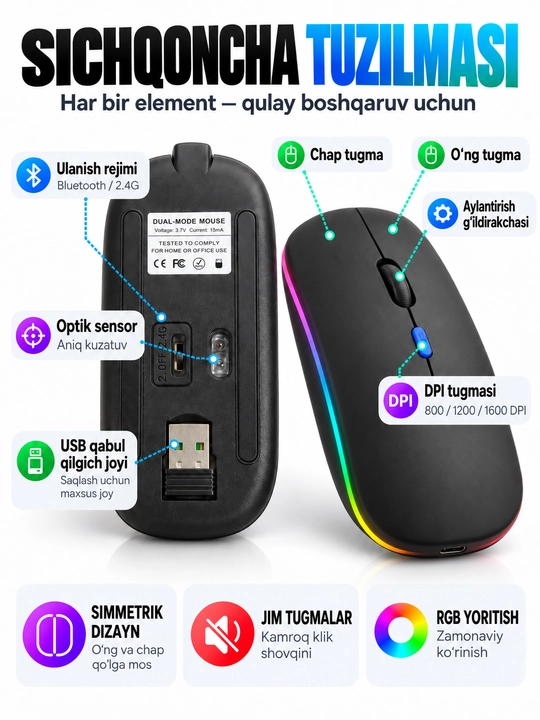 Simsiz sichqoncha Bluetooth 5.0/2.4G, RGB, 1600 DPI, Type-C quvvatlanadigan
