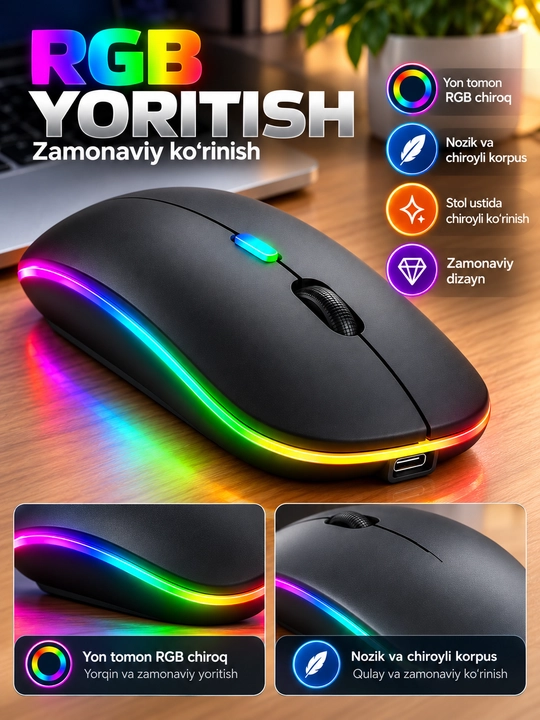 Simsiz sichqoncha Bluetooth 5.0/2.4G, RGB, 1600 DPI, Type-C quvvatlanadigan