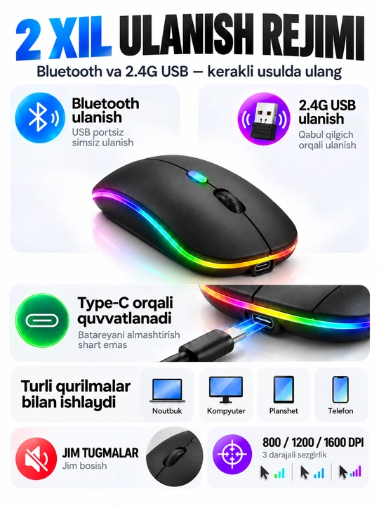Simsiz sichqoncha Bluetooth 5.0/2.4G, RGB, 1600 DPI, Type-C quvvatlanadigan