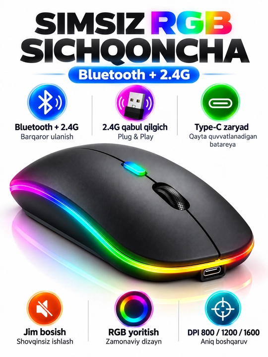 Simsiz sichqoncha Bluetooth 5.0/2.4G, RGB, 1600 DPI, Type-C quvvatlanadigan