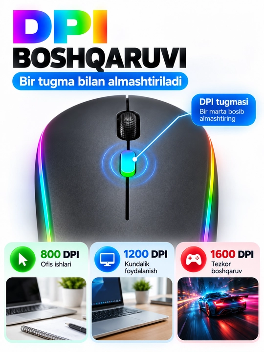Simsiz sichqoncha Bluetooth 5.0/2.4G, RGB, 1600 DPI, Type-C quvvatlanadigan
