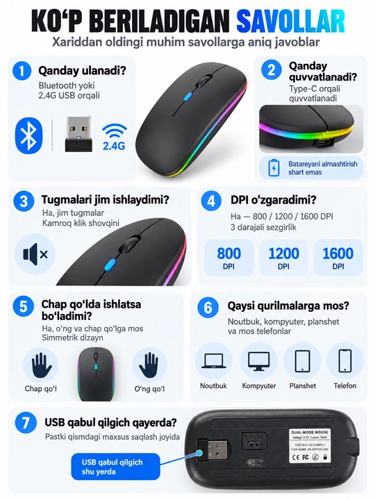 Simsiz sichqoncha Bluetooth 5.0/2.4G, RGB, 1600 DPI, Type-C quvvatlanadigan