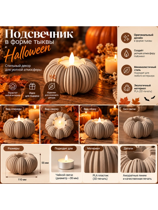 Halloween uchun qovoq shaklidagi shamdon, 3D dekorativ sham ushlagich - 