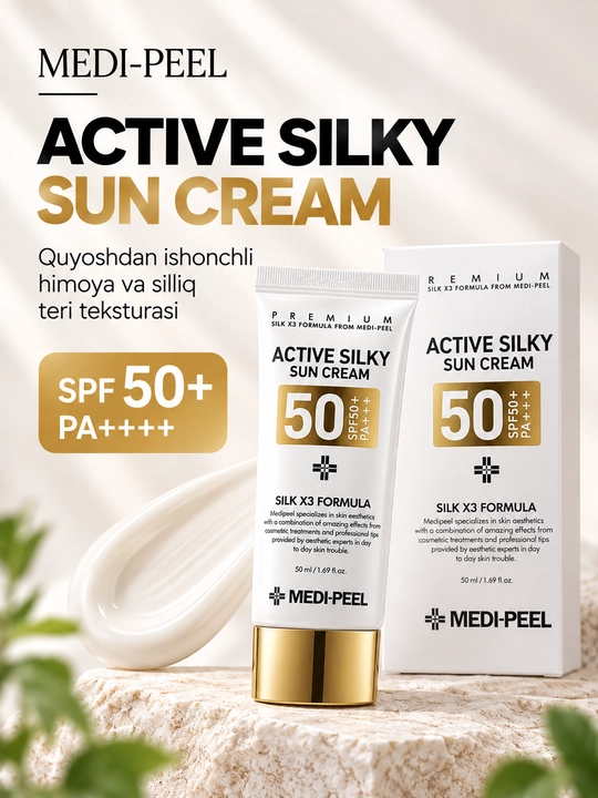 Солнцезащитный крем Medi Peel Active Silky, SPF50+, с комплексом пептидов и шёлка - 