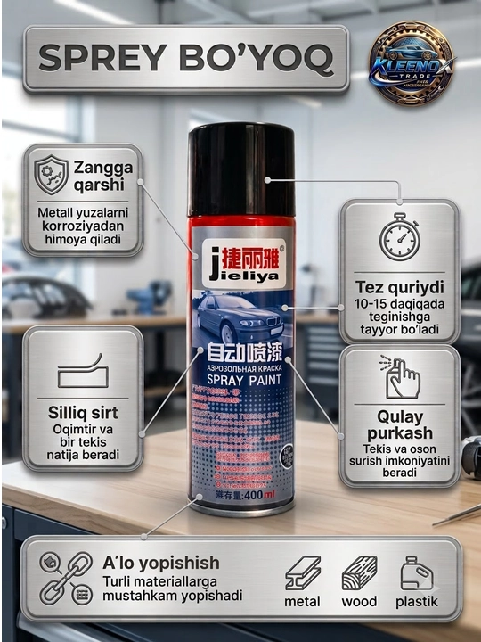 Sprey bo'yoq Jieliya avtomobil uchun, zangga qarshi tez quriydigan qora emal, 400 ml