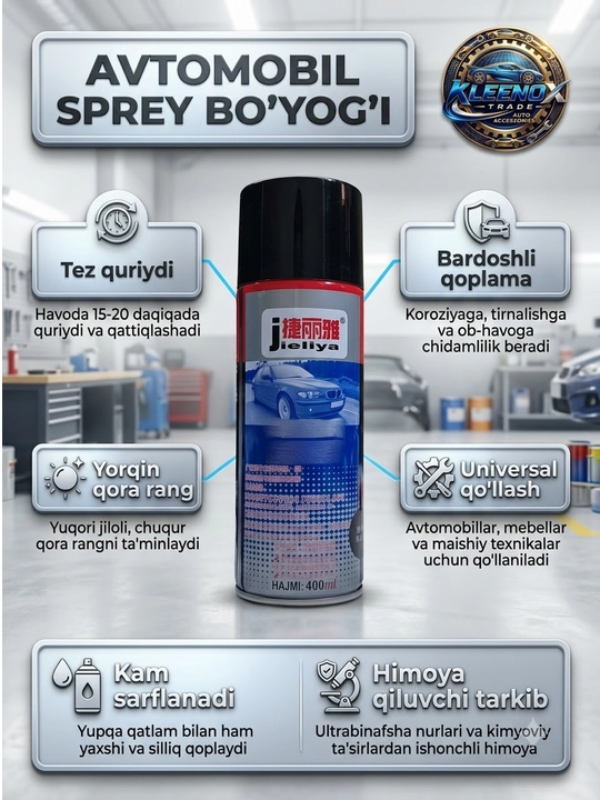 Sprey bo'yoq Jieliya avtomobil uchun, zangga qarshi tez quriydigan qora emal, 400 ml