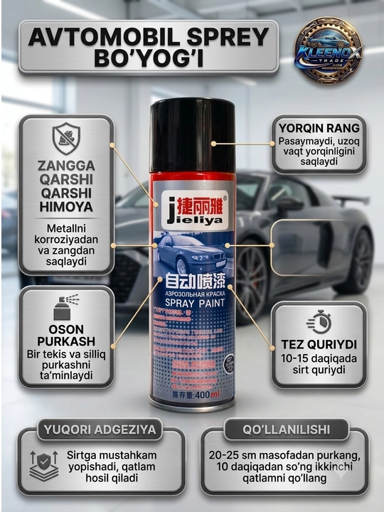 Sprey bo'yoq Jieliya avtomobil uchun, zangga qarshi tez quriydigan qora emal, 400 ml