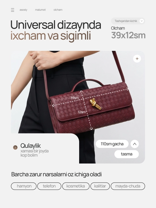 Ayollar uchun sumka, har kunlik va toy marosimlar uchun ham togri keladi
