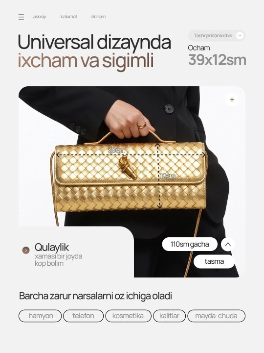 Ayollar uchun sumka, har kunlik va toy marosimlar uchun ham togri keladi
