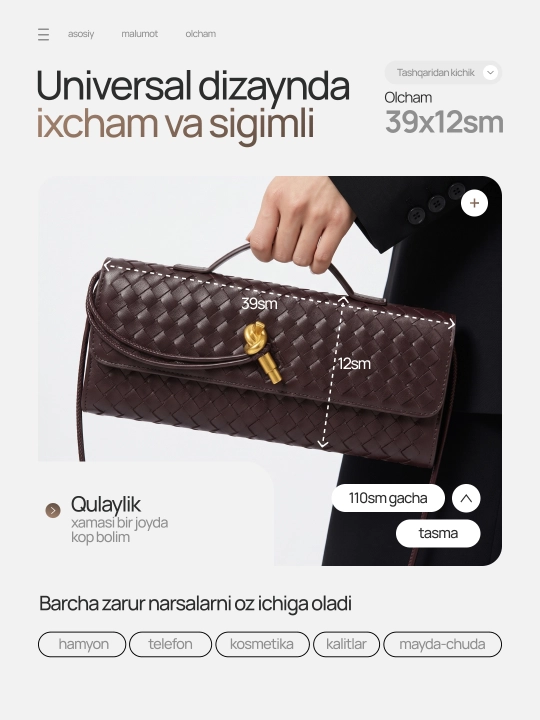 Ayollar uchun sumka, har kunlik va toy marosimlar uchun ham togri keladi
