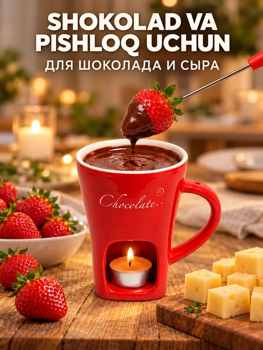 Керамический набор для фондю с кружкой и вилочками, для шоколада и сыра