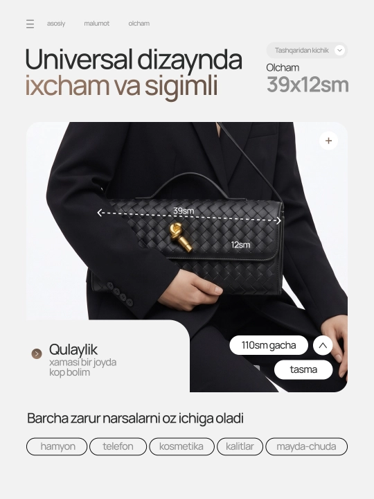 Ayollar uchun sumka, har kunlik va toy marosimlar uchun ham togri keladi