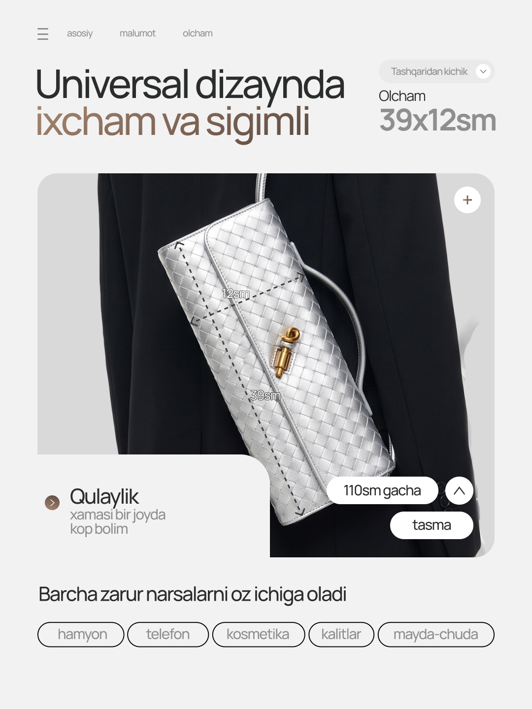 Ayollar uchun sumka, har kunlik va toy marosimlar uchun ham togri keladi