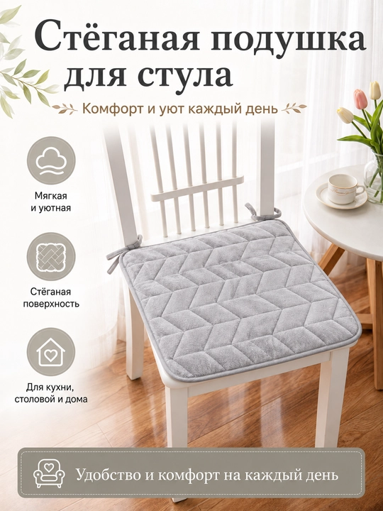 Stul uchun yumshoq yostiqcha, bog‘ichli, sirpanmaydigan, uy va oshxona uchun, 40x40sm - 