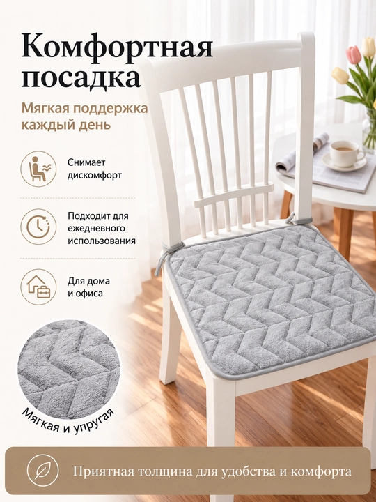 Подушка-сидушка на стул стеганая с завязками, мягкая нескользящая для дома, 40x40 см