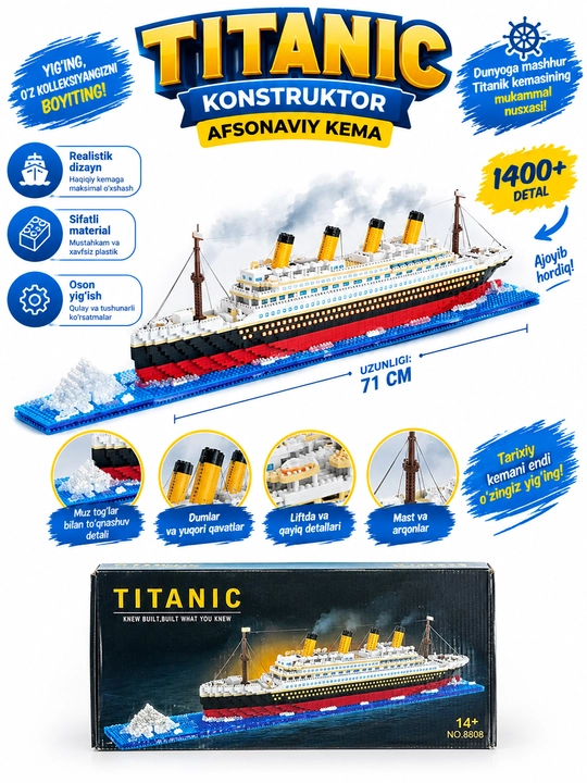 Titanic konstruktor kemasi 1400+ detal, 71 sm, 14+ yosh uchun yig‘iladigan model to‘plami - 