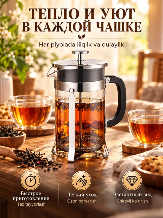 French-press choy va kofe uchun shisha damlama choyna 1000ml