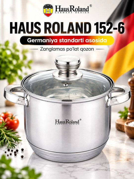 Кастрюля Haus Roland 152-6 из нержавеющей стали со стеклянной крышкой - 