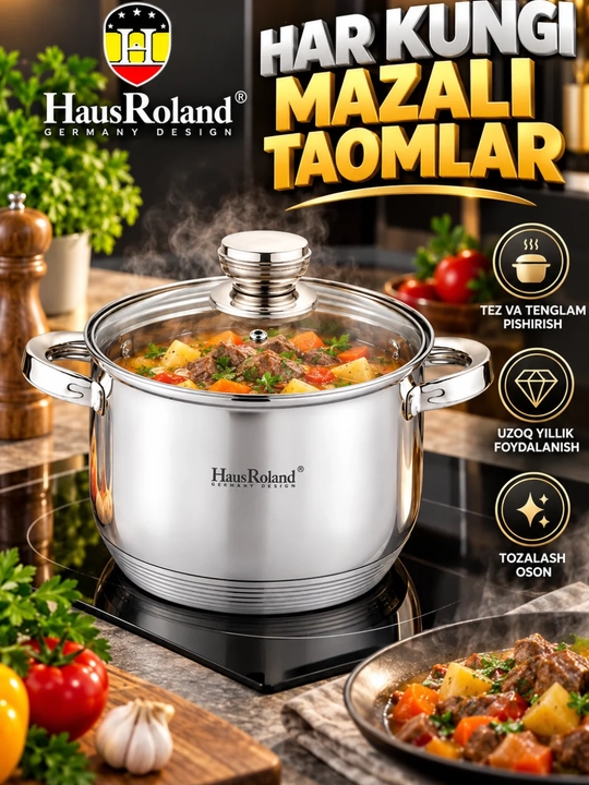 Кастрюля Haus Roland 152-6 из нержавеющей стали со стеклянной крышкой