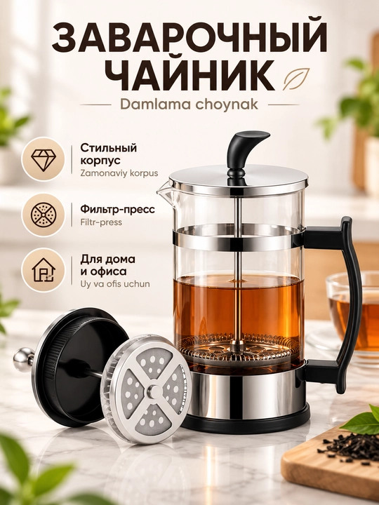 French-press choy va kofe uchun shisha damlama choyna 1000ml