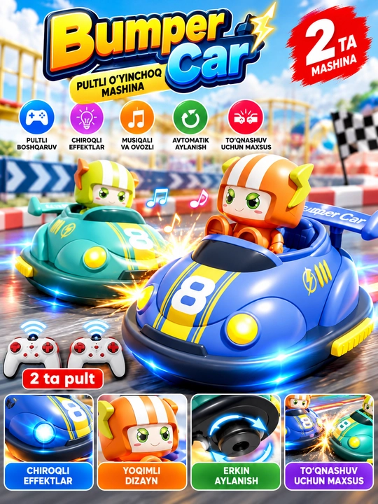 Bolalar uchun pultli bumper mashina, 2 ta RC avtomobil, chiroq va musiqa bilan - 