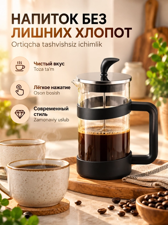 French-press choy va kofe uchun shisha damlama choyna 1000ml