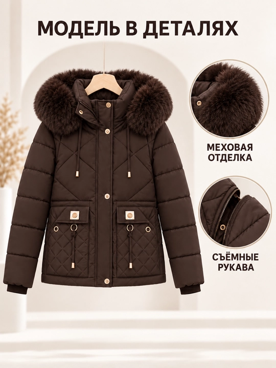 Ayollar uchun kapyushoni, yengi va mo‘ynasi olinadigan issiq kurtka-jilet, M–3XL