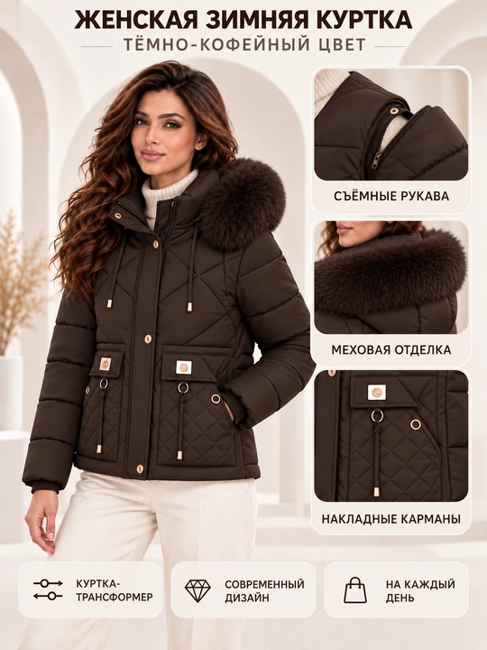 Ayollar uchun kapyushoni, yengi va mo‘ynasi olinadigan issiq kurtka-jilet, M–3XL