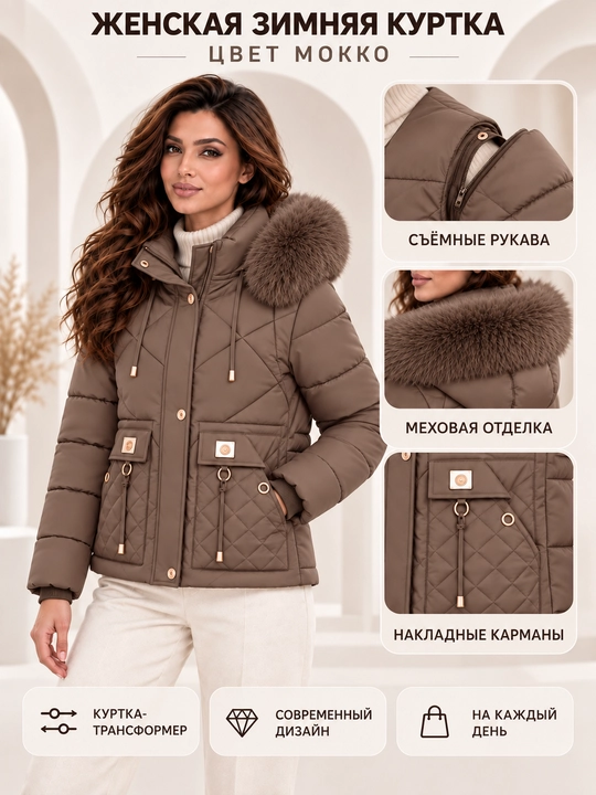 Ayollar uchun kapyushoni, yengi va mo‘ynasi olinadigan issiq kurtka-jilet, M–3XL - 