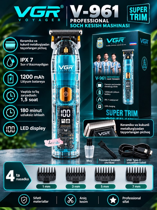 Professional soch va soqol olish mashina VGR V-998, simsiz trimmer, LED displeyli