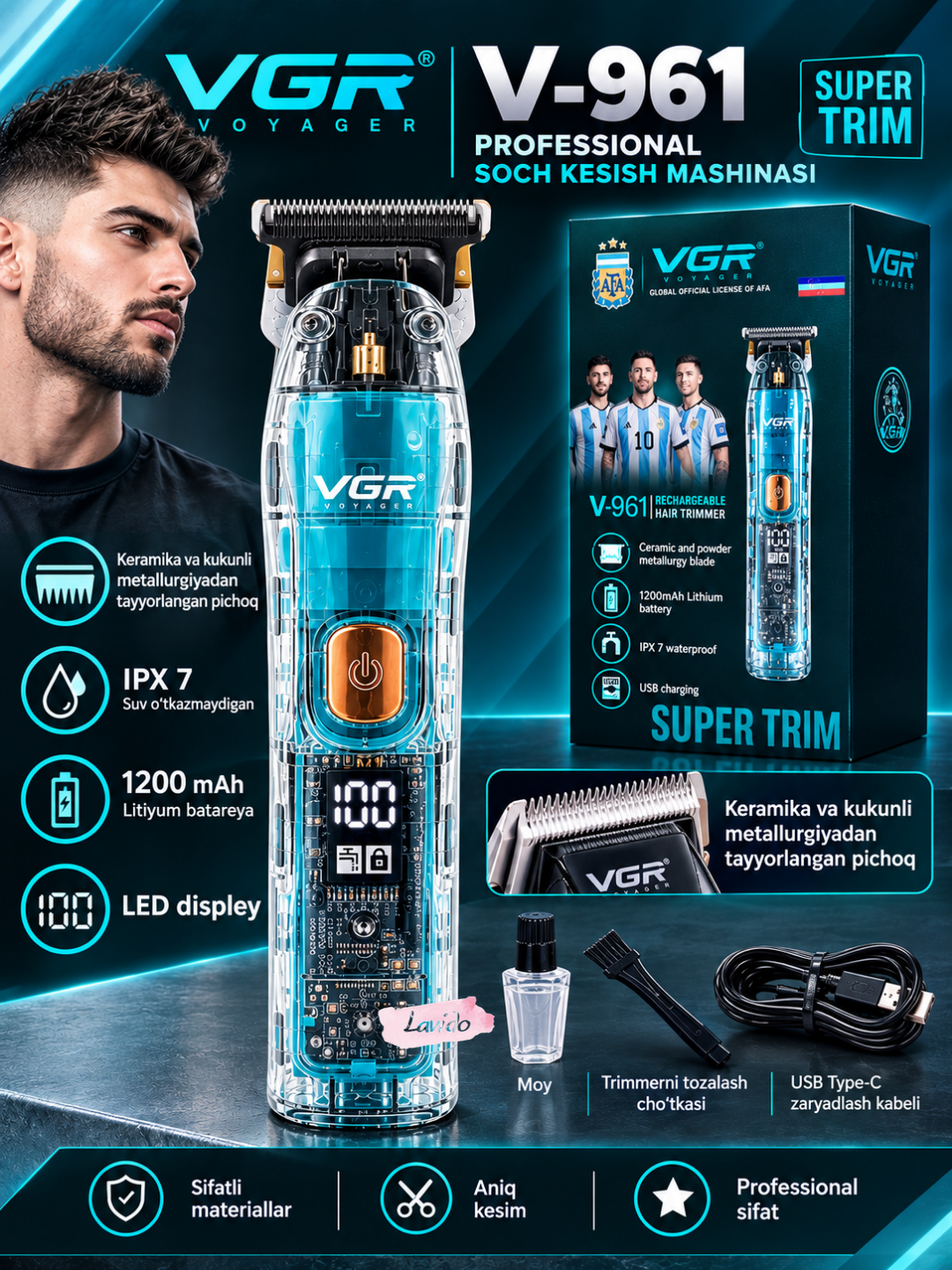 Professional soch va soqol olish mashina VGR V-998, simsiz trimmer, LED displeyli - 