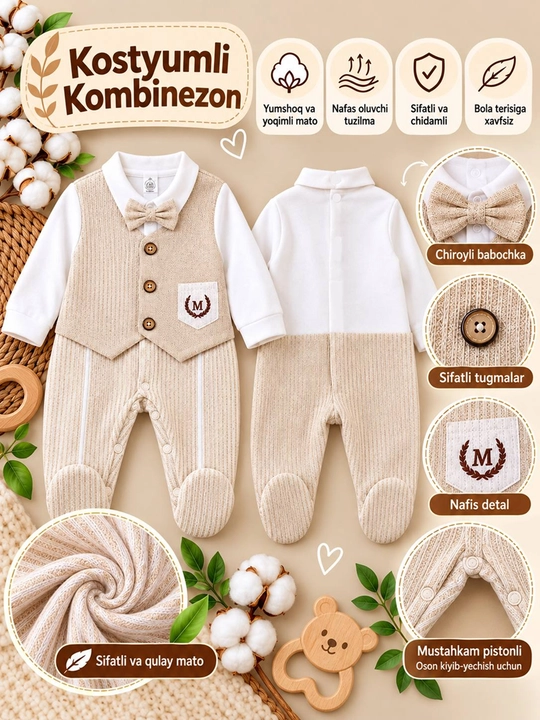 Chaqaloqlar uchun paxtali  bayramona kombinezon,bolalar uchun uzun yengli kostyum