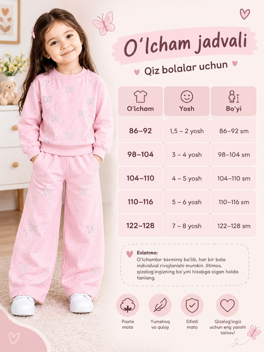Qiz bolalar uchun sport kostyumi,svitshot va shim, oʻlchami S-2Xl