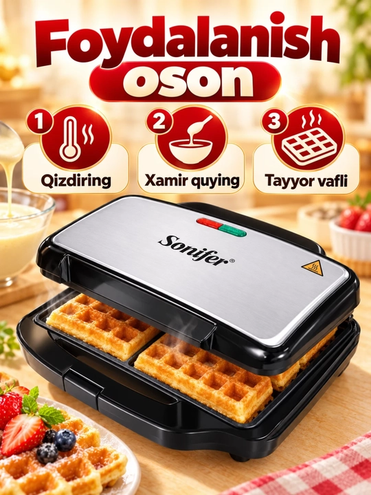 Вафельница Sonifer SF-6057 электрическая, антипригарное покрытие, 900 Вт