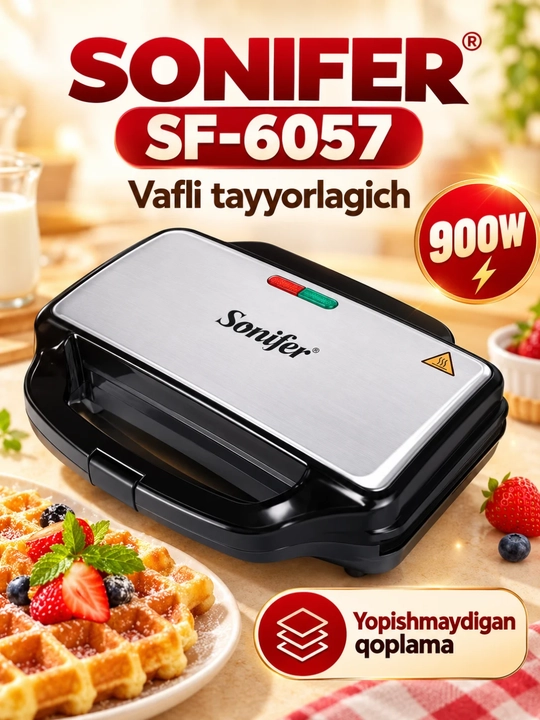 Вафельница Sonifer SF-6057 электрическая, антипригарное покрытие, 900 Вт - 