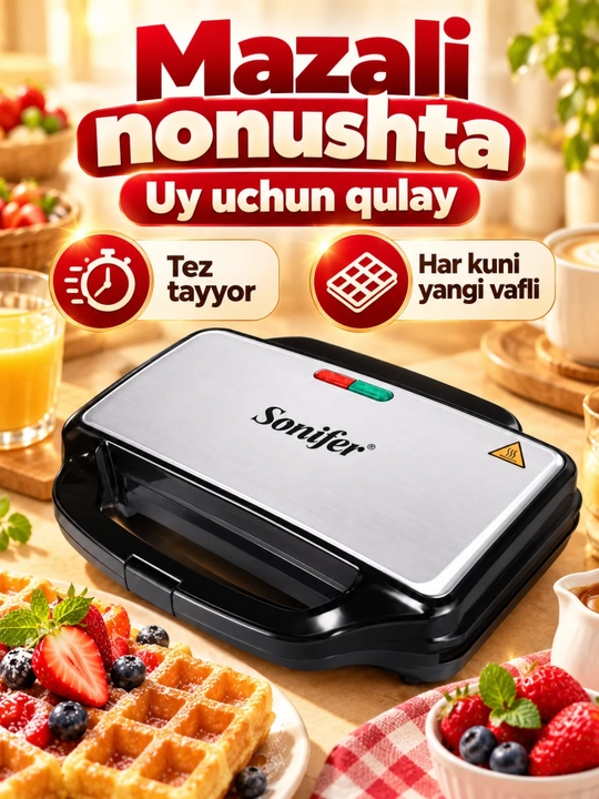 Вафельница Sonifer SF-6057 электрическая, антипригарное покрытие, 900 Вт