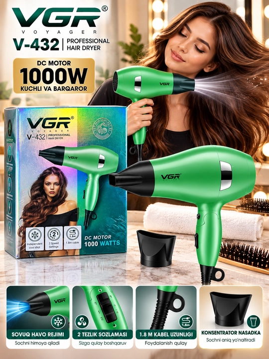 VGR V-432professional feni, 1000W, 2ta tezlik rejimi, alohida sovuq havo tugmasi, 1,8 m kabel - 