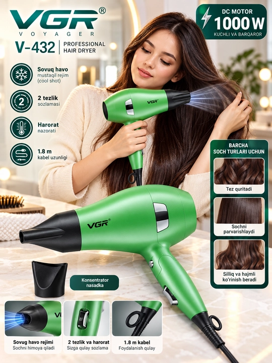 VGR V-432professional feni, 1000W, 2ta tezlik rejimi, alohida sovuq havo tugmasi, 1,8 m kabel