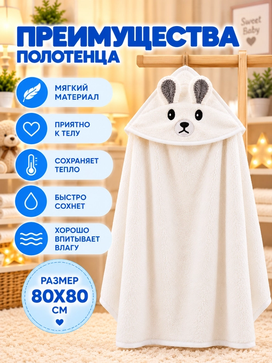 Детское полотенце с капюшоном для лица и тела, 80х80см микрофибра, банное полотенце