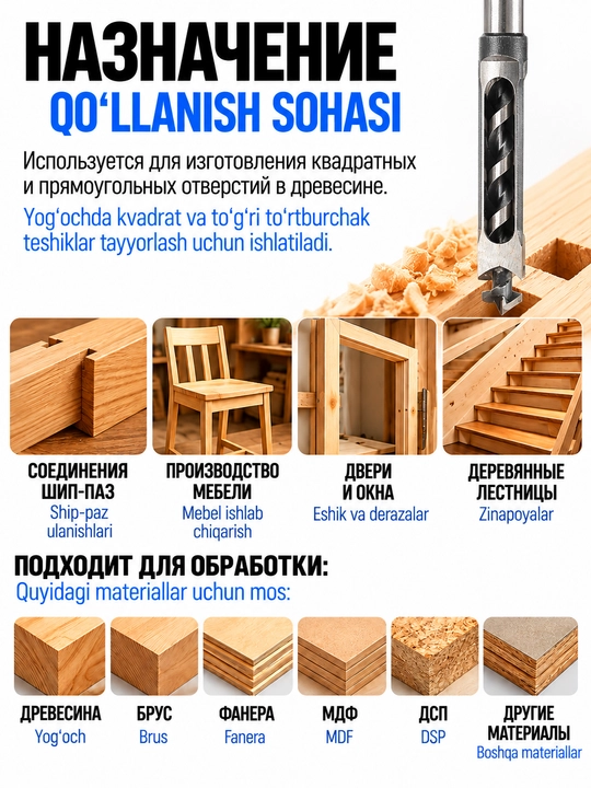 Sverlo to‘rtburchak yog‘och uchun