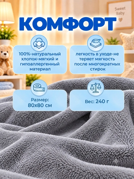 Детское полотенце с капюшоном для лица и тела, 80х80см микрофибра, банное полотенце
