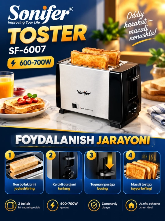 Тостер Sonifer SF-6007 тостер, на 2 ломтика, 600–700Вт