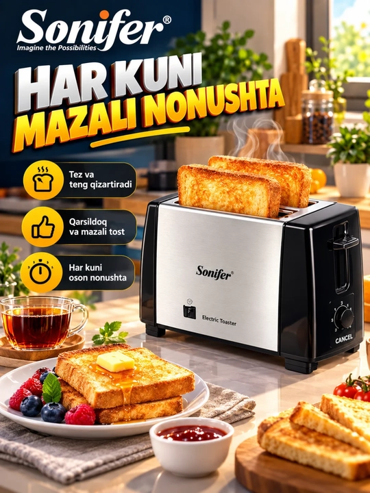 Тостер Sonifer SF-6007 тостер, на 2 ломтика, 600–700Вт