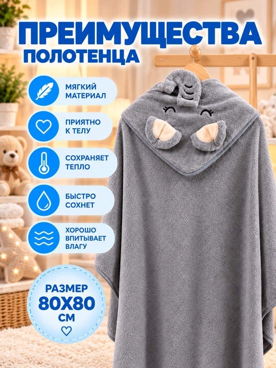 Детское полотенце с капюшоном для лица и тела, 80х80см микрофибра, банное полотенце