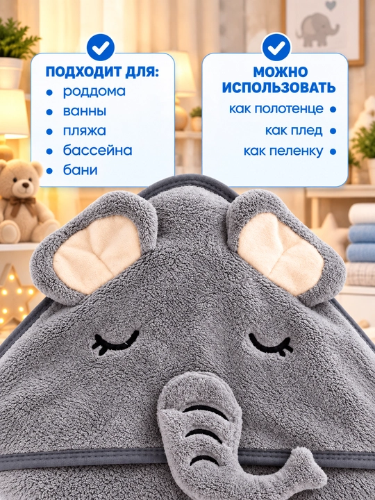 Детское полотенце с капюшоном для лица и тела, 80х80см микрофибра, банное полотенце